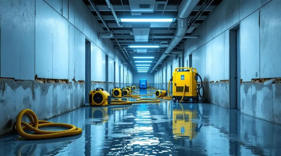 Blue Guard Restoration technicians setting up commercial air movers and dehumidifiers in a flooded Englewood office, urgent mood.