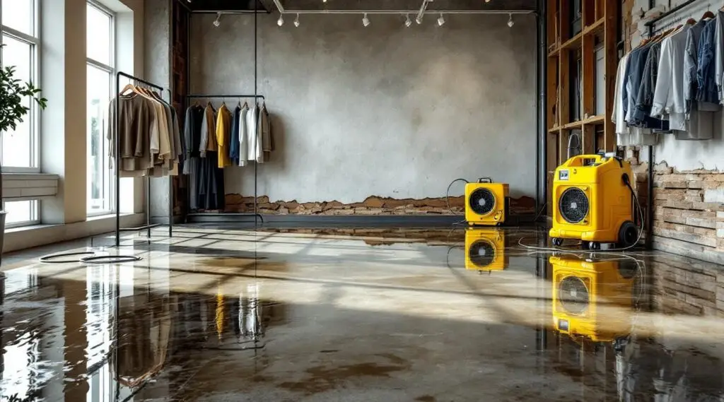 Commercial water extraction technicians drying out a flooded retail storefront in Englewood using industrial air movers.