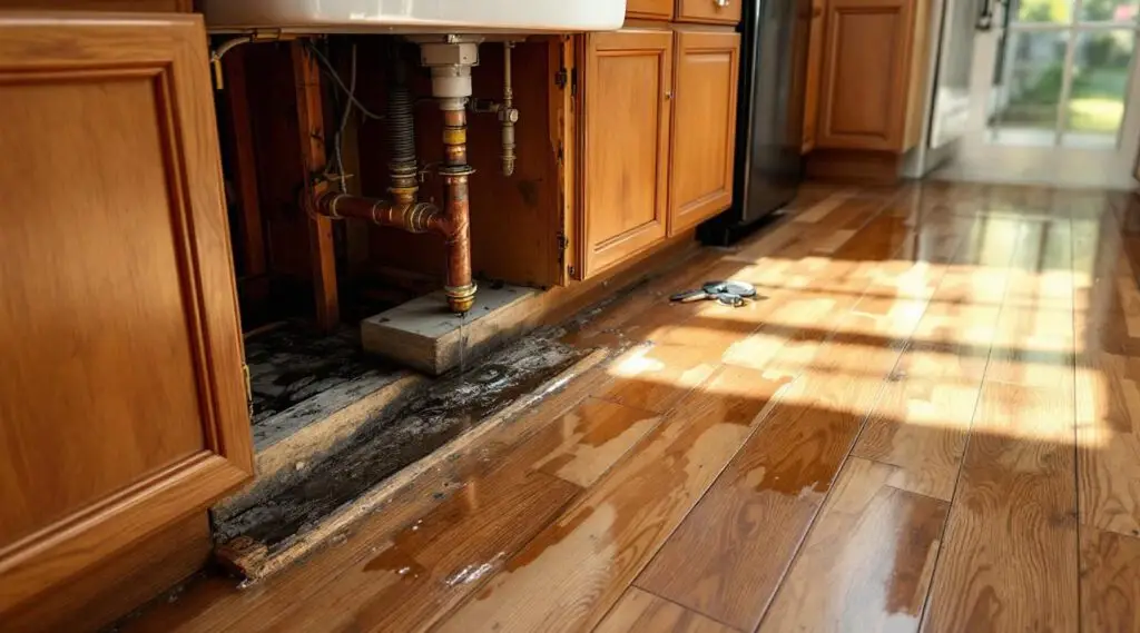 A professional technician using a moisture meter to inspect water damage behind kitchen cabinets in an Englewood home.