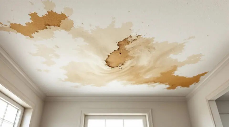 A professional restoration technician using a moisture meter on a water-stained ceiling in an Englewood home.