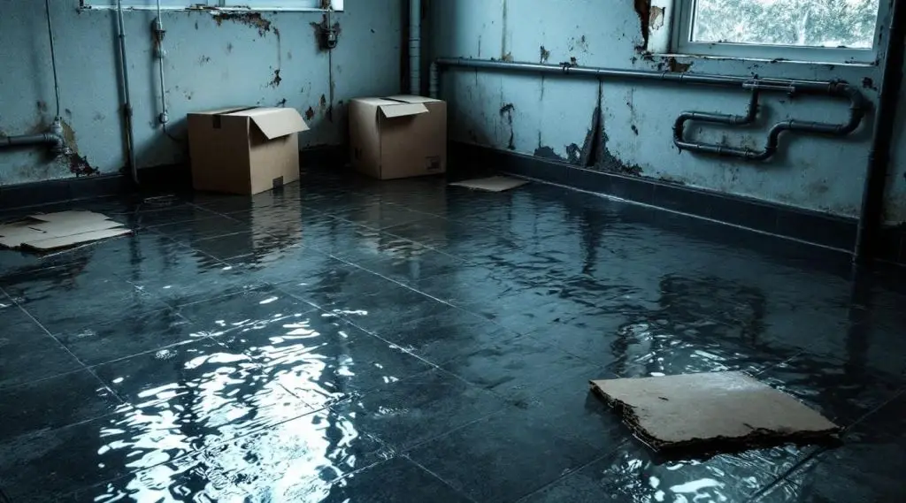 A professional water restoration technician extracting standing water from a flooded Englewood basement.