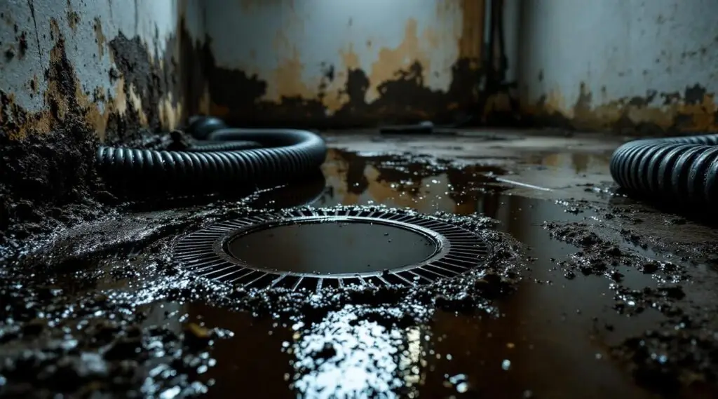 Blue Guard Restoration technician in protective gear cleaning a basement after a sewage backup in Englewood, Colorado.