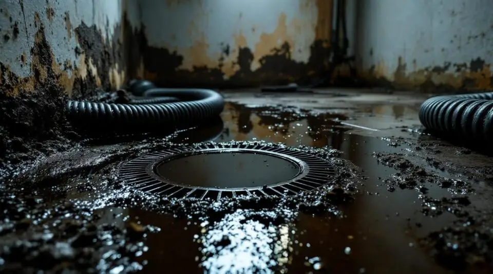 Blue Guard Restoration technician in protective gear cleaning a basement after a sewage backup in Englewood, Colorado.