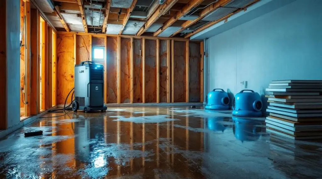 Blue Guard Restoration technician using a water extraction vacuum on a flooded carpet in an Englewood basement.