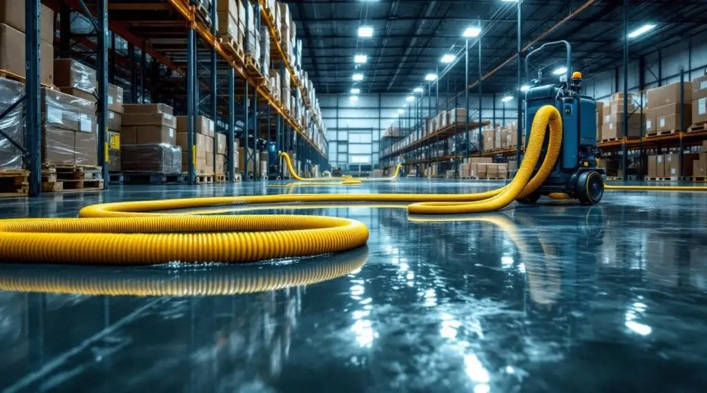 Blue Guard Restoration technicians using high-volume truck-mounted extraction pumps on a flooded concrete warehouse floor in Englewood.