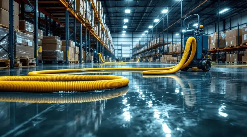 Blue Guard Restoration technicians using high-volume truck-mounted extraction pumps on a flooded concrete warehouse floor in Englewood.