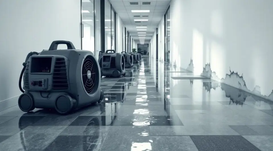 Blue Guard Restoration crew using commercial water extractors in a flooded Englewood office hallway.