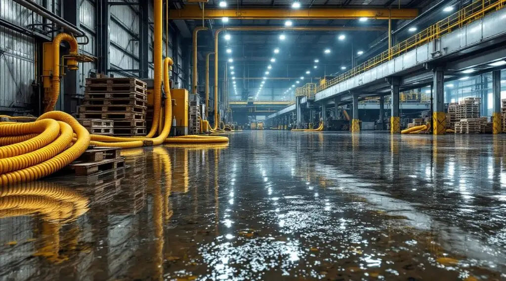 Blue Guard Restoration technicians operating high-capacity water extraction pumps in a flooded Englewood warehouse.