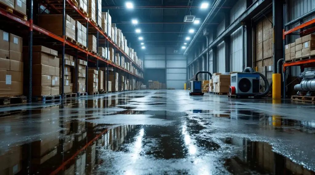 Commercial restoration technicians operating high-volume water extraction equipment inside a large flooded warehouse in Englewood.