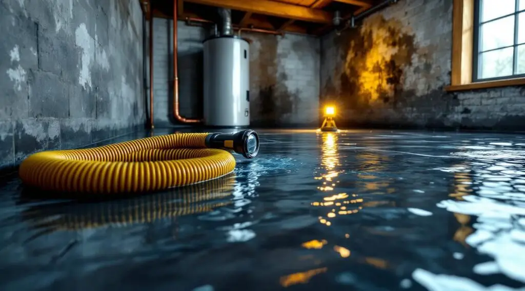 Blue Guard Restoration technician using professional water extraction equipment in a flooded Englewood basement.