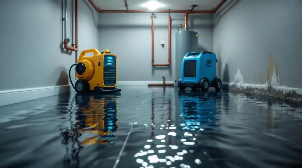 Blue Guard Restoration specialist extracting standing water from a flooded Englewood home using professional water extraction equipment.
