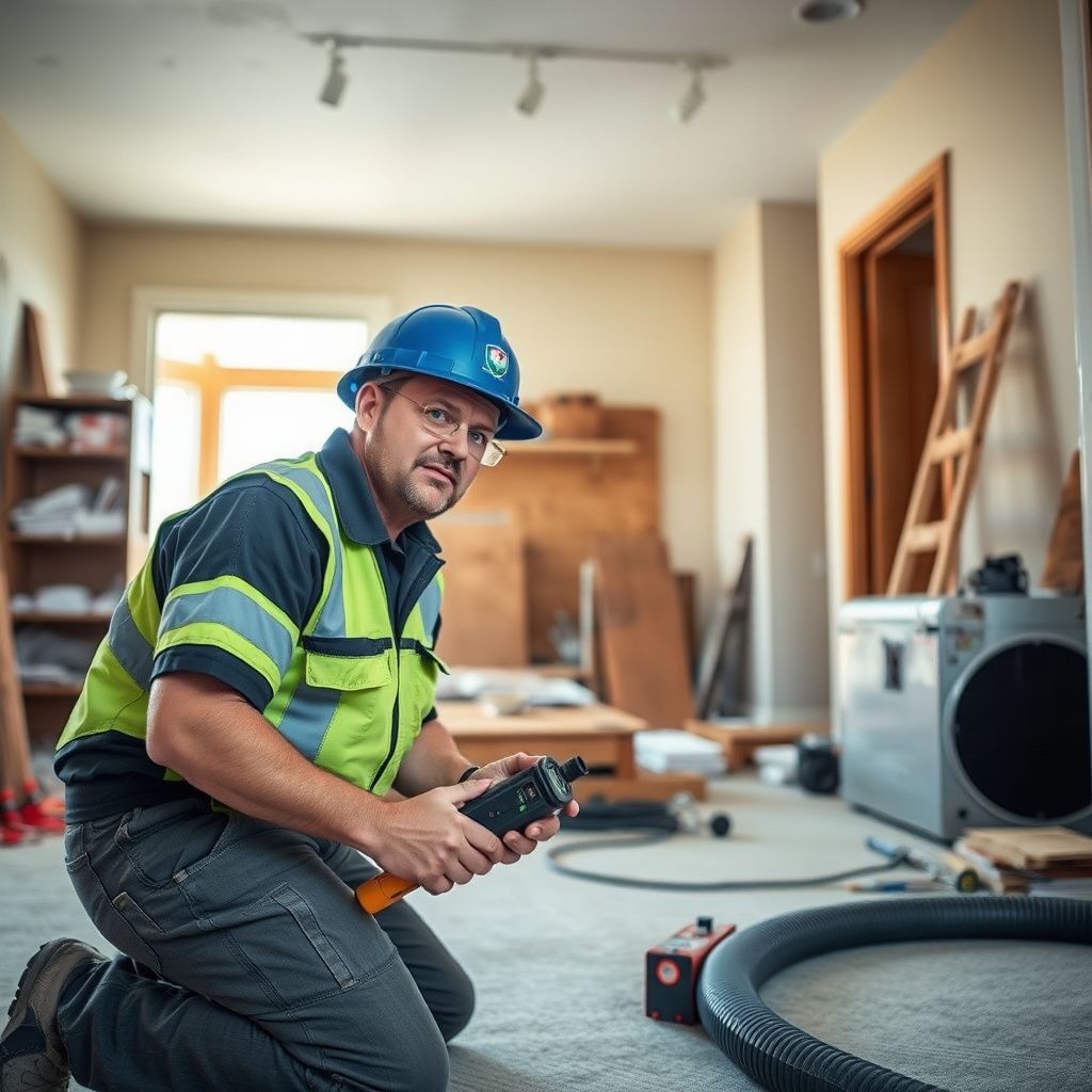 A Blue Guard Restoration technician using a moisture meter to inspect a hardwood floor in a Parker home.