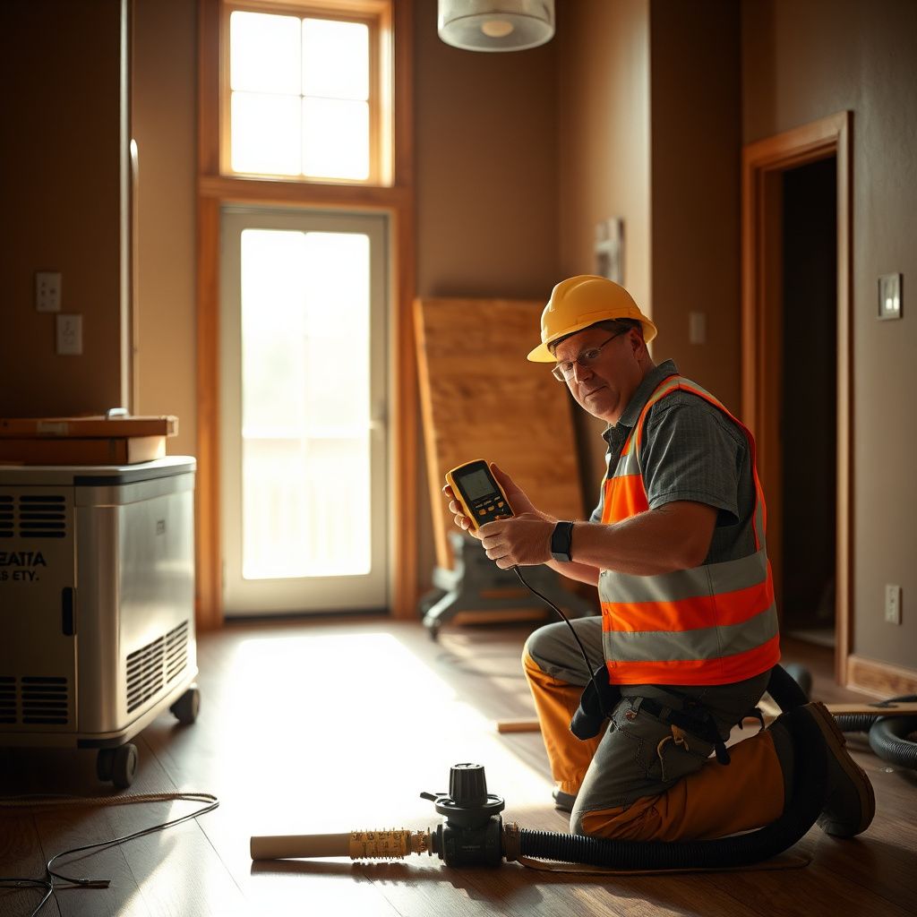 A professional restoration technician using a thermal imaging camera to detect moisture behind a wall in a Greenwood Village home.