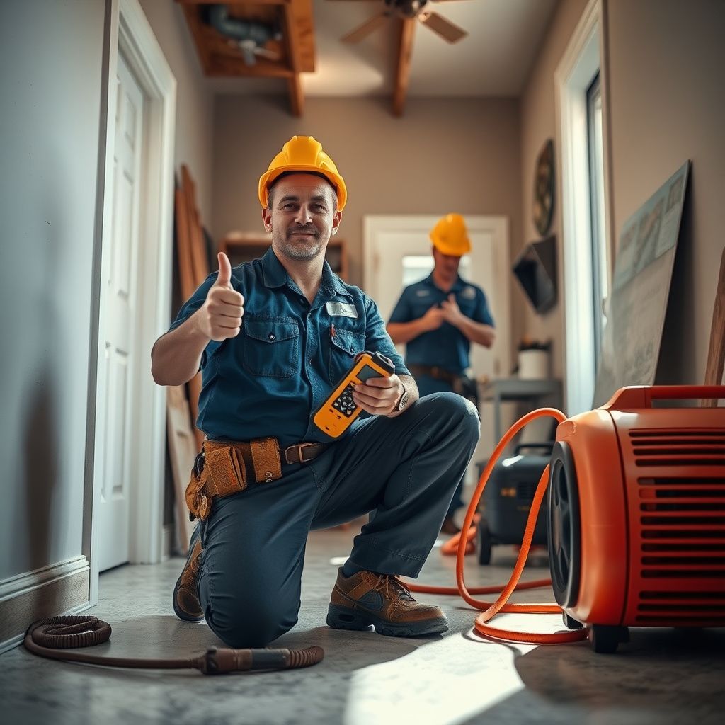 An IICRC-certified technician setting up a commercial dehumidifier in a flooded Aurora basement.