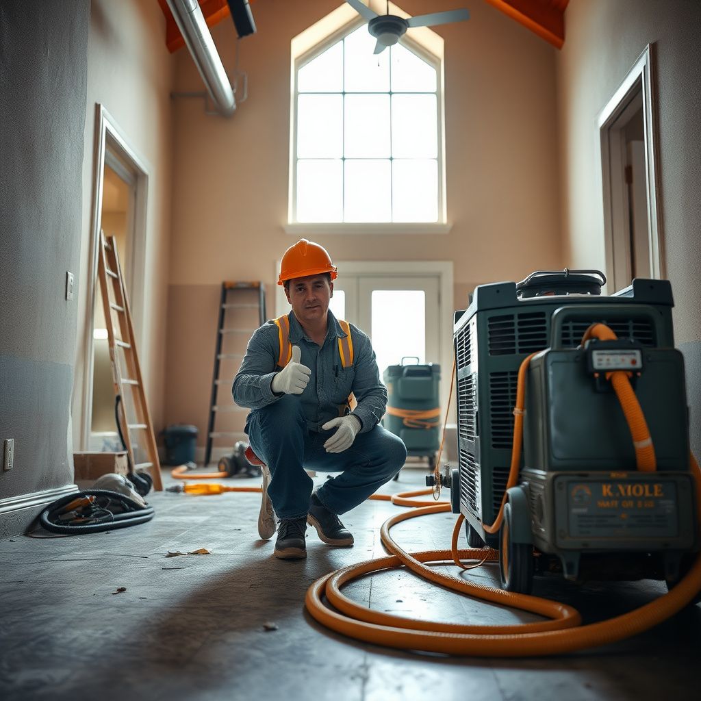 A professional water extraction machine set up on a damaged hardwood floor in a Littleton residence.