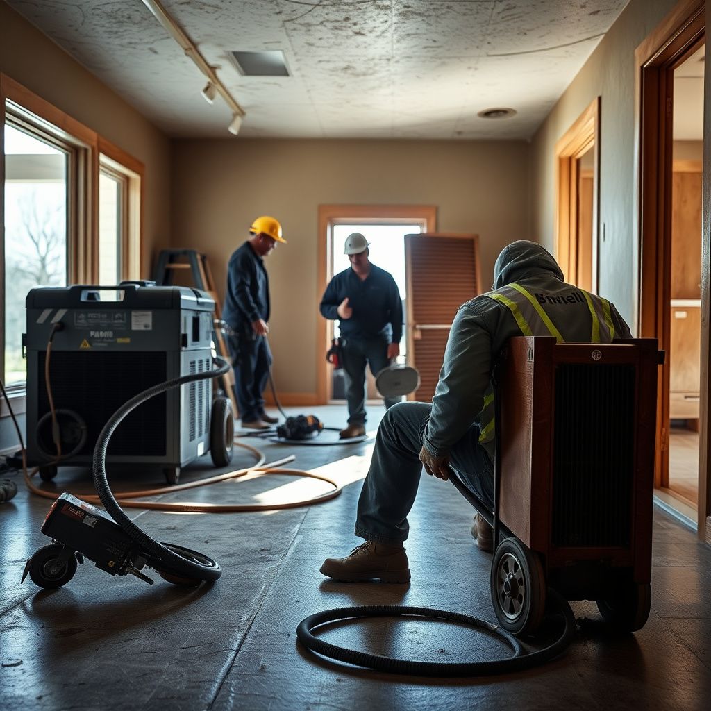A restoration technician using a moisture meter to check a drywall partition in Lone Tree.